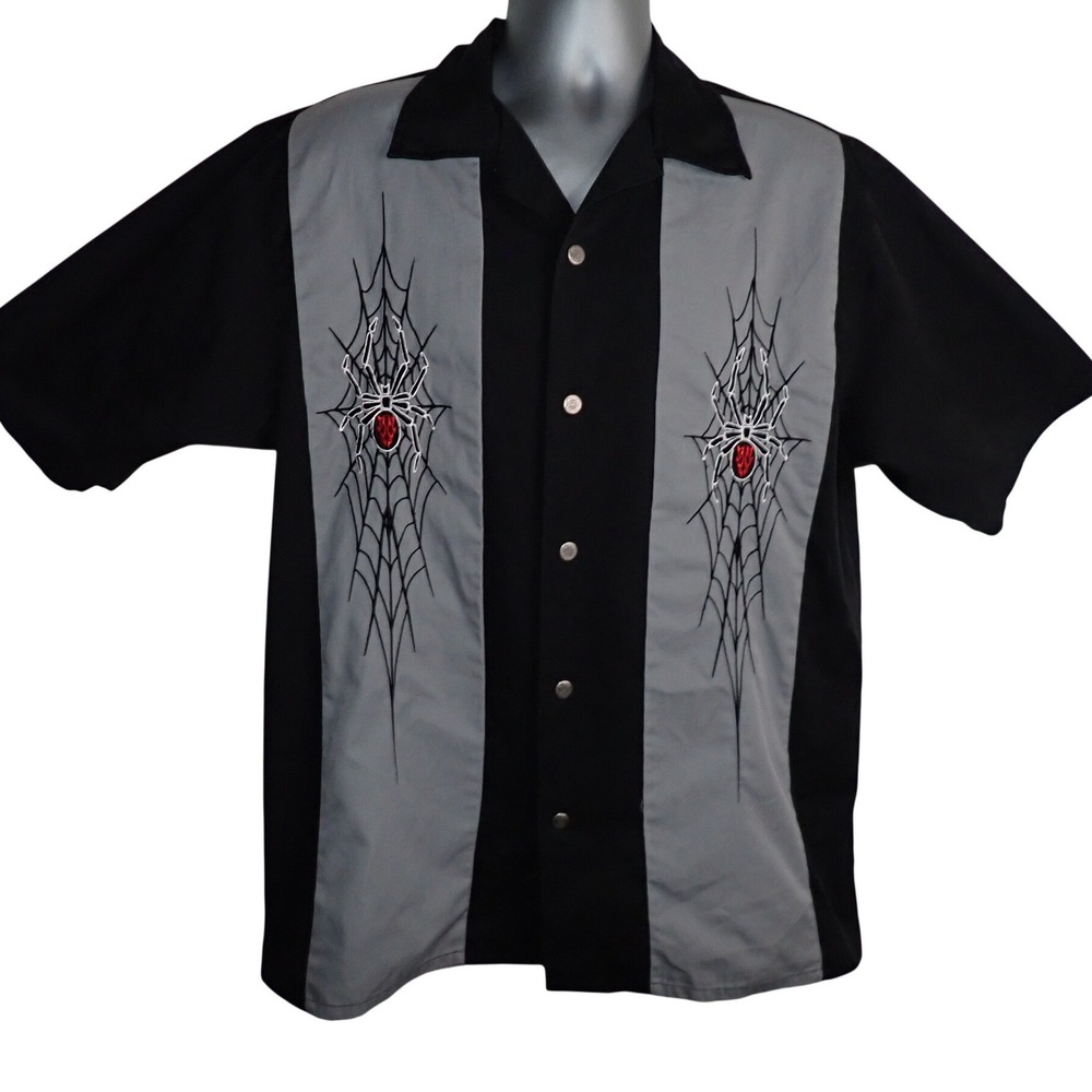 Hard Chrome Gear Men's Spider Web Embroidered Bowling Shirt L Biker Rockabilly